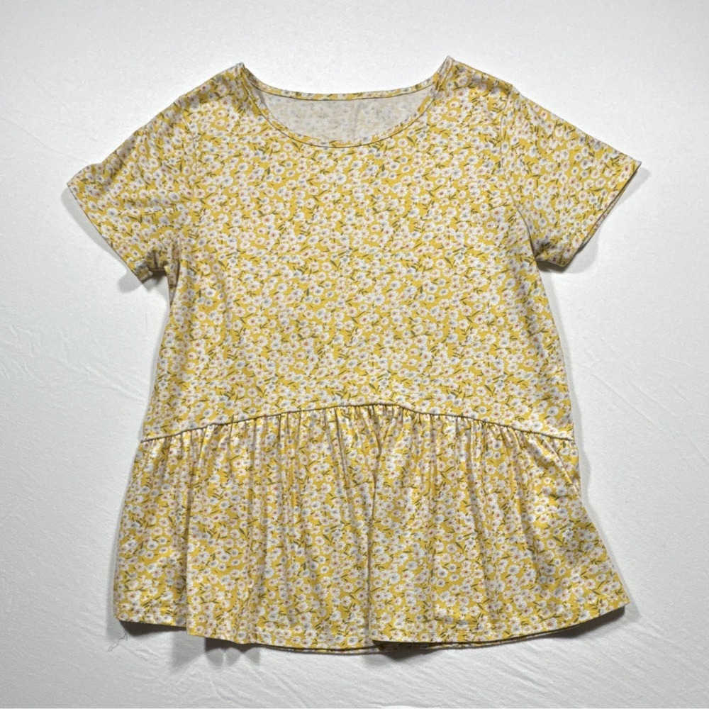 Hibluco Womens Yellow White Floral Crew Neck Short Sleeve Peplum Knit Top S